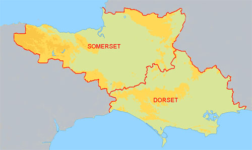 Map showing the counties of Somerset & Dorset which is the area covered by the region of the MGF Register.